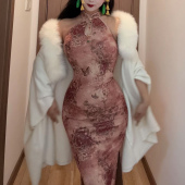 挖肩烫金花朵改良旗袍裙女粉妃挂脖连衣裙 2026新款 新中式 国风女装