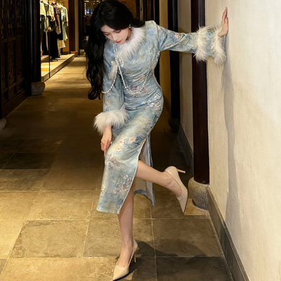 新中式秋冬厚款毛领旗袍蓝木桥