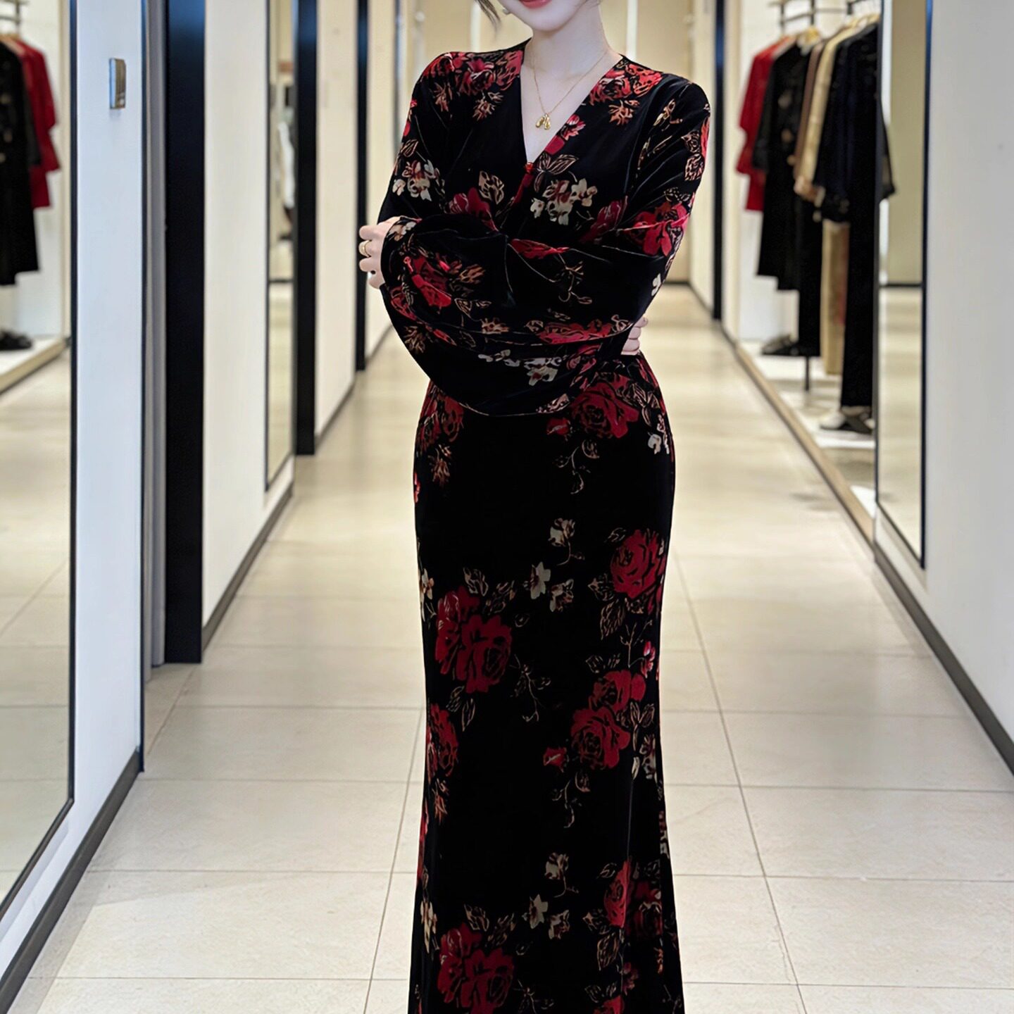 复古风长袖v领扭结鱼尾新中式丝绒连衣裙气质长裙瑶花扭折裙,女装/女士精品,连衣裙,淘宝优惠券,粉丝福利购,淘宝优惠卷