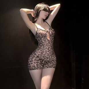 性感豹纹吊带睡裙女紧身包臀绑带御姐风睡衣连衣裙棕色短款修身