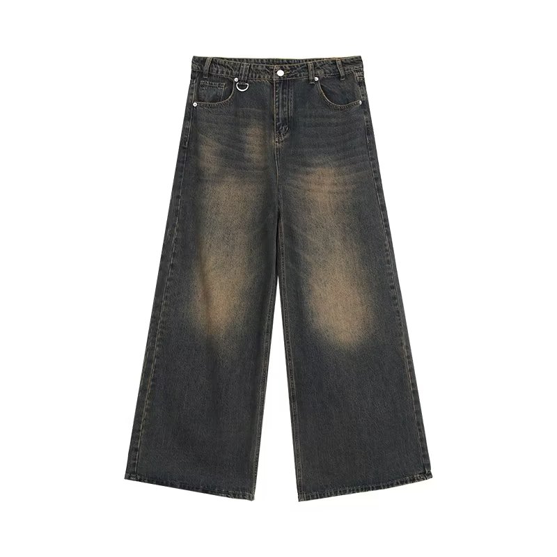 thumbnail for American high street distressed vintage washed straight-leg jeans for men and women are a small loose and versatile wide-leg mopping trousers