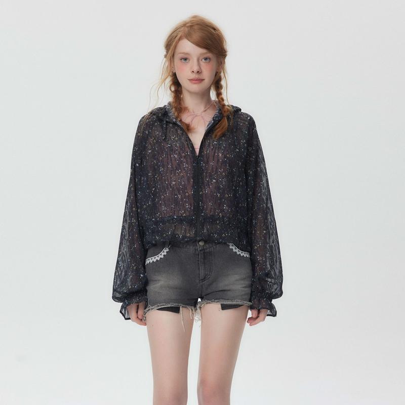 半透碎花連帽短款防曬衣外套女