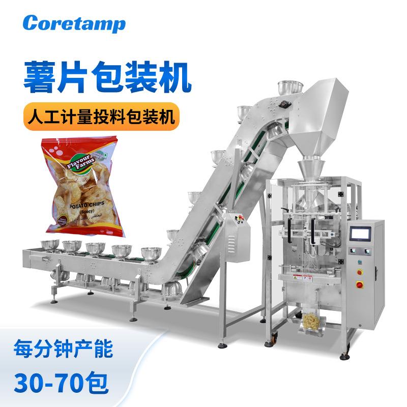 薯片薯条定量分装设备膨化食品链斗式上料包装机虾条充氮分装机