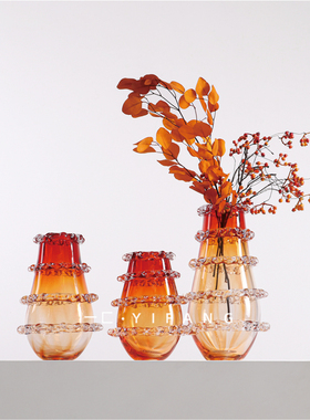 一匚样板间轻奢橙色渐变百褶透明琉璃花瓶售楼部客厅餐厅会所摆件