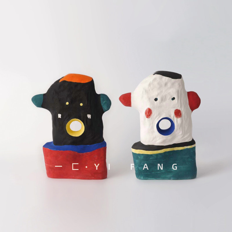 一匚趣味设计抽象黑白彩绘人脸样板间售楼部书房儿童房壁柜摆件