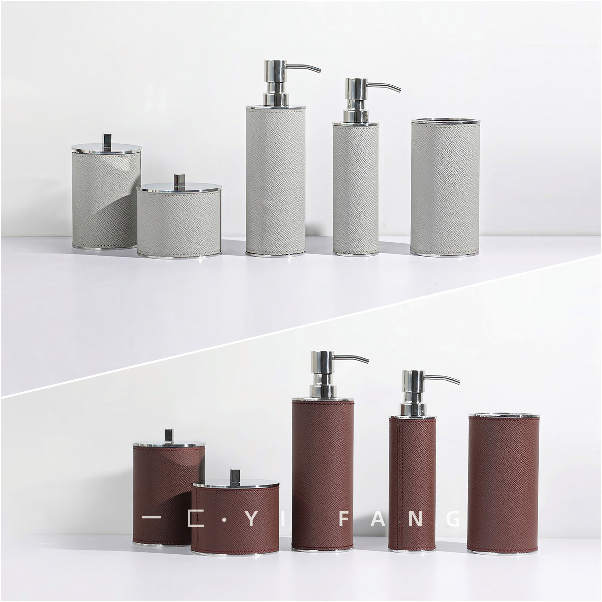 一匚轻奢灰色皮革金属卫浴组合样板间售楼处浴室洗手间牙刷盒摆件