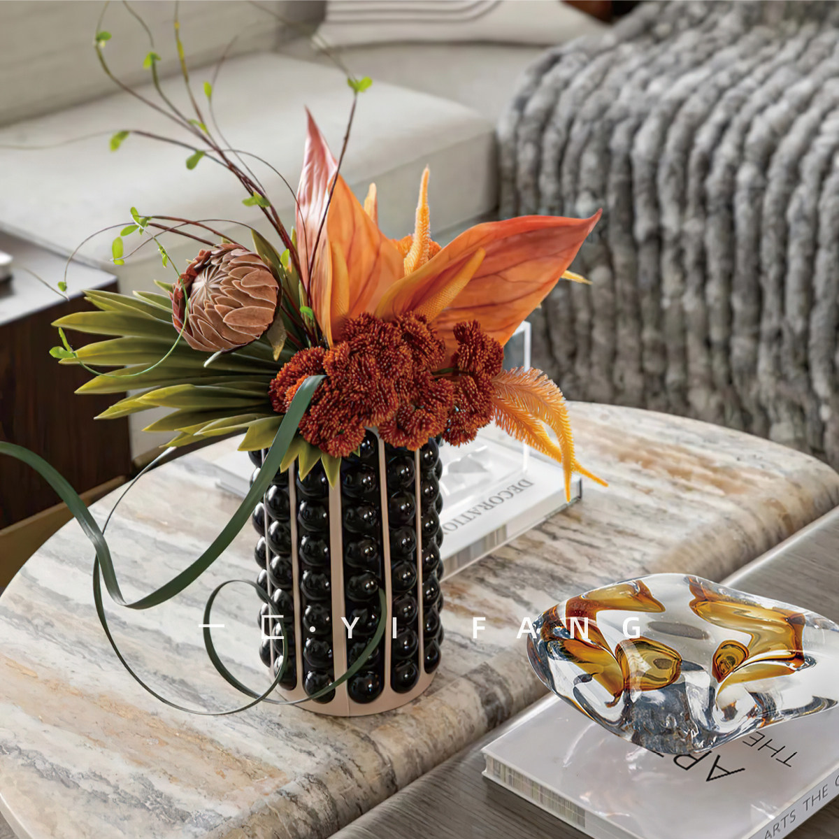 一匚轻奢艺术琉璃摆件样板间花瓶客厅售楼处餐厅茶几花艺搭配装饰,家居饰品,家饰软装搭配套装,淘宝优惠券,粉丝福利购,淘宝优惠卷