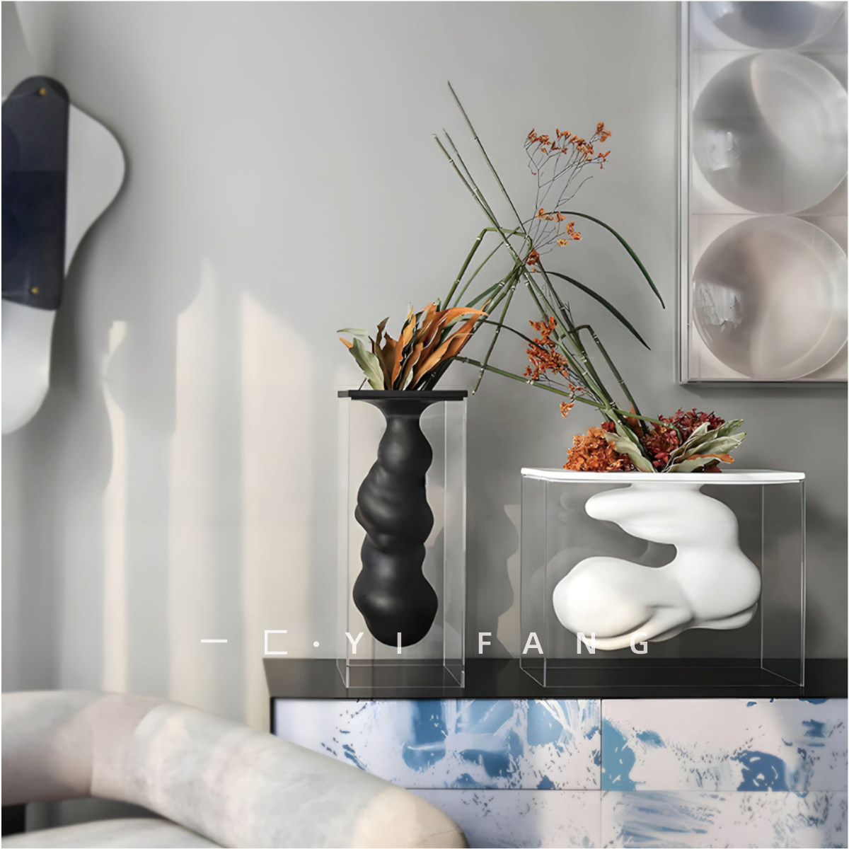一匚样板间极简黑白云朵树脂亚克力花器 客厅售楼部玄关花瓶摆件