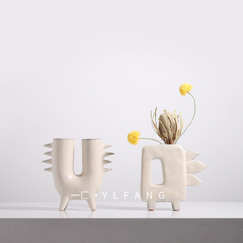 一匚侘寂风陶瓷花器样板间摆件
