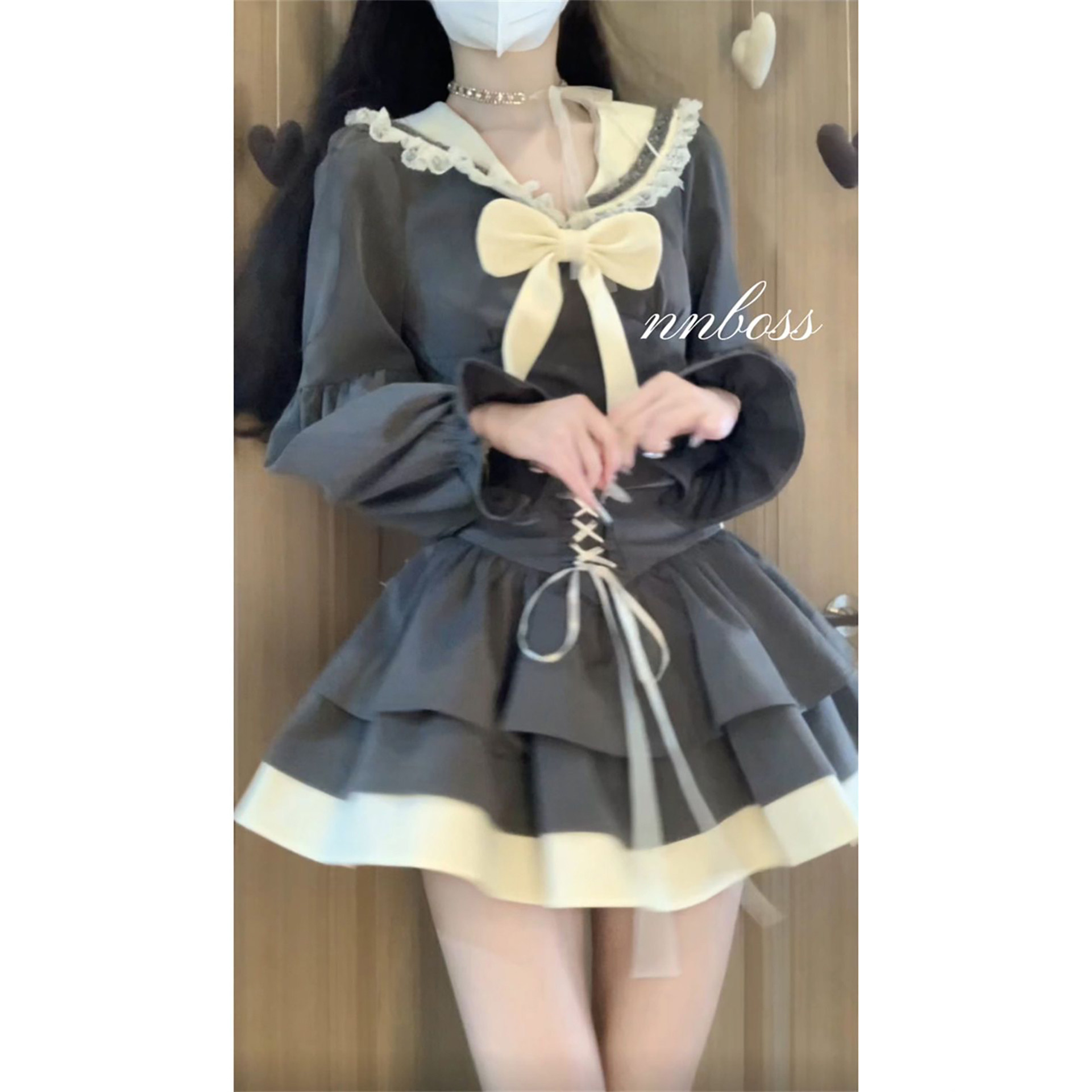 新款温柔气质学院风海军领蝴蝶结上衣搭配绑带拼接半身裙两件套装