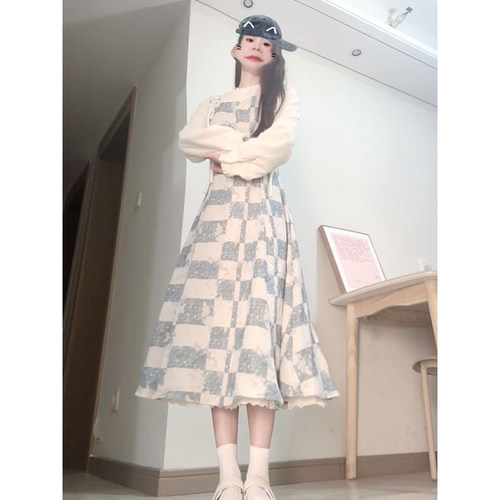 格纹拼接假两件连衣裙