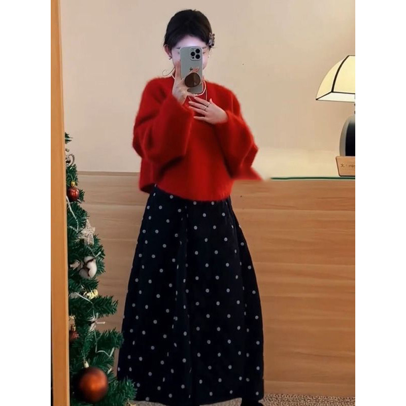 法式新年圣诞节温柔软糯红色针织毛衣+高腰波点半身长裙两件套装,女装/女士精品,时尚套装,淘宝优惠券,粉丝福利购,淘宝优惠卷