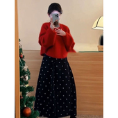 高腰波点半身长裙两件套装 法式 新年圣诞节温柔软糯红色针织毛衣