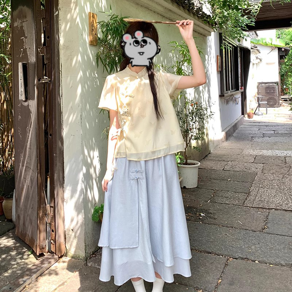 盘扣短袖上衣+蓝色半身裙