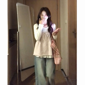 上衣女两件套装 日系温柔淑女感针织系带吊带背心搭配V领长袖 衬衫