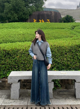 秋冬小个子灰色针织软糯背心马甲毛衣+蓝色长袖衬衫女学生两件套