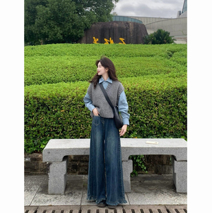 女学生两件套 衬衫 秋冬小个子灰色针织软糯背心马甲毛衣 蓝色长袖