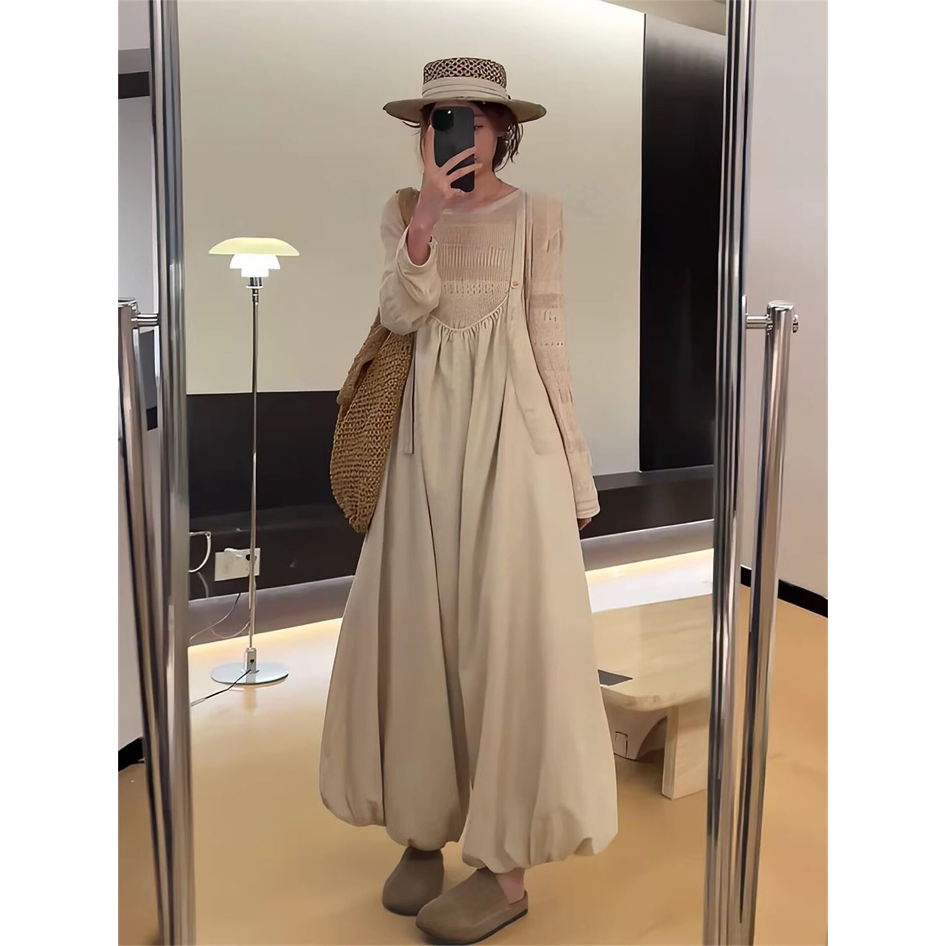 日系温柔慵懒风休闲花苞长款连体长裤搭配杏色打底上衣衫两件套装