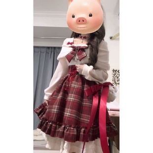 新年温柔甜妹风圣诞红格纹蝴蝶结系带连衣裙修身 收腰显瘦a字长裙