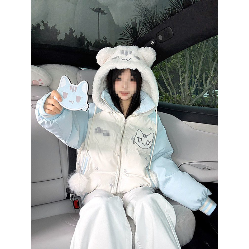 日系甜美可爱少女感撞色小猫连帽棉服2025新款宽松保暖面包服外套,女装/女士精品,棉衣/棉服,淘宝优惠券,粉丝福利购,淘宝优惠卷