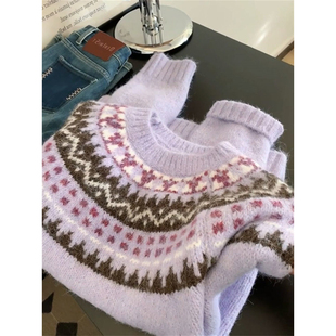 法式 气质温柔感紫色费尔岛圆领套头毛衣秋冬小个子保暖提花针织衫