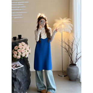 白色长裙三件套装 碎花打底 气质松弛感百搭蓝色针织马甲毛衣 法式