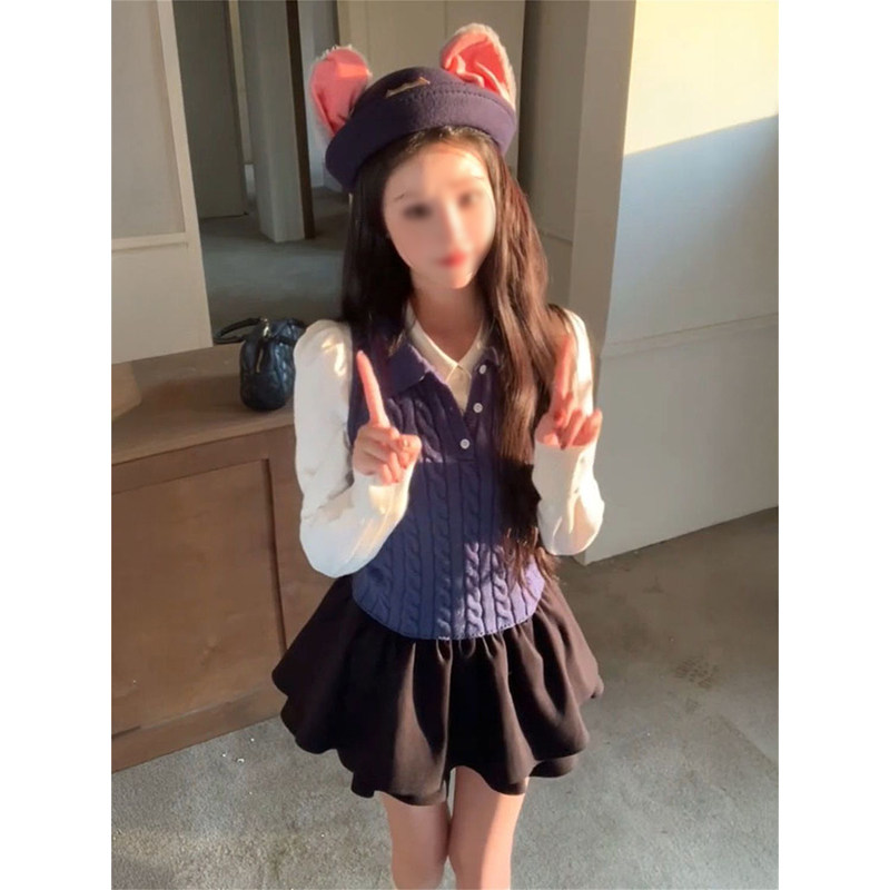 韩系温柔甜妹风蓝色针织马甲毛衣+长袖衬衫+黑色花苞短裙三件套装,女装/女士精品,时尚套装,淘宝优惠券,粉丝福利购,淘宝优惠卷