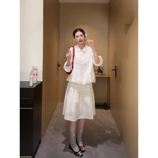 高腰褶皱花边百搭半身裙两件套装 新款 初恋温柔风木耳边拼接衬衫