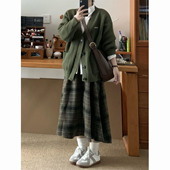 秋冬季 格纹半身裙两件套 衬衫 一整套温柔风绿色软糯毛衣开衫 长袖