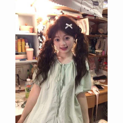 绿色蝶结系带泡泡短袖衬衫