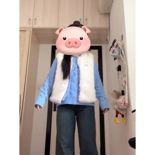 两件套装 法式 温柔毛茸茸设计感马甲背心外套搭配蓝色针织毛衣开衫