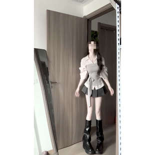 韩系气质少女高级感假两件撞色上衣搭配高腰百褶半身短裙两件套装