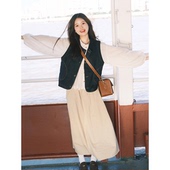 马甲搭配白色衬衫 港风复古牛仔开衫 杏色半身长裙 春夏季 三件套装