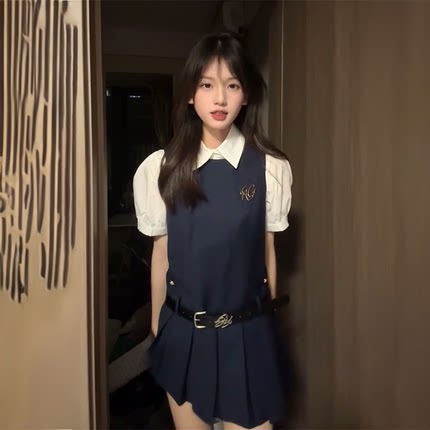 韩式青春少女学院风藏青色百褶背心连衣裙polo领白色衬衫两件套装