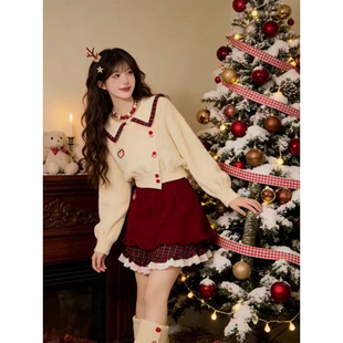 法式甜美学院少女风杏色POLO领针织上衣衫搭配红色短裙裤两件套装