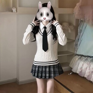 两件套装 法式 白色衬衫 黑色领带 甜妹学院风v领条纹针织套头毛衣