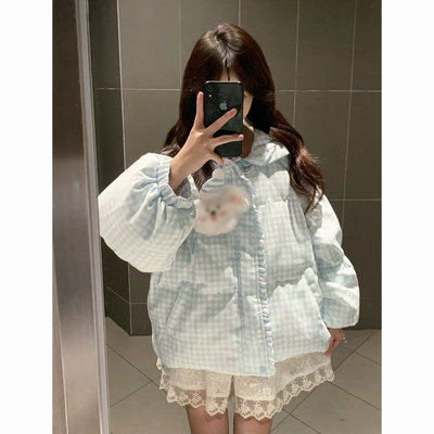 蓝白色格纹棉服连帽外套