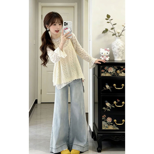 搭配镂空吊带罩衫 打底衫 两件套穿搭 温柔甜美风白色碎花喇叭袖 法式