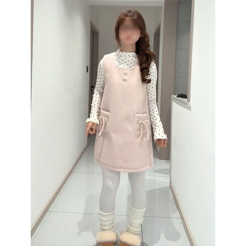 法式温柔甜妹少女风蝴蝶结粉色毛呢背心裙叠穿波点打底衫两件套装,女装/女士精品,时尚套装,淘宝优惠券,粉丝福利购,淘宝优惠卷