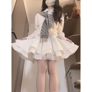 连衣裙搭配波点围脖披肩两件套装 衬衫 温柔气质学院风纯色长袖 新款