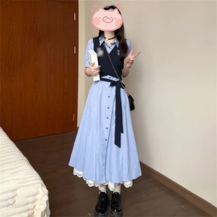 日系气质少女学院风绑带收腰背心马甲搭配条纹衬衫连衣裙两件套装