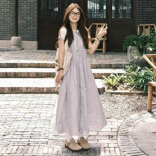 夏季 温柔甜美风宽松显瘦单排扣衬衫 连衣裙 白色内搭上衣两件套装