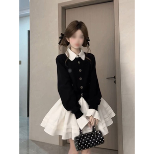 新款时尚千金小香风假两件拼接针织开衫外套+白色半身裙两件套装