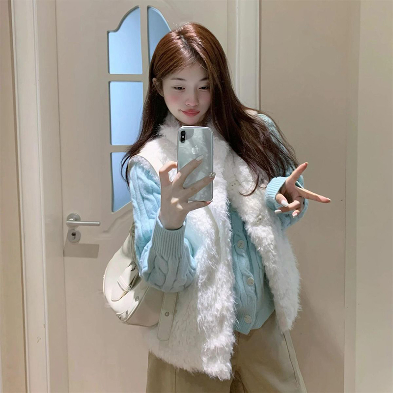 马甲背心+蓝色针织毛衣开衫