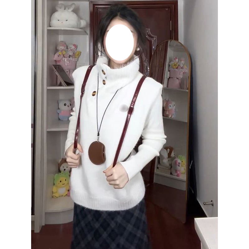 针织马甲毛衣+打底衫+格纹半身裙