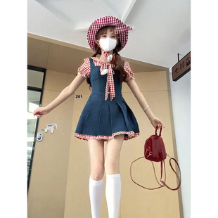 收腰遮肉A字裙 甜美可爱小个子红格子拼接假两件牛仔连衣裙女夏季