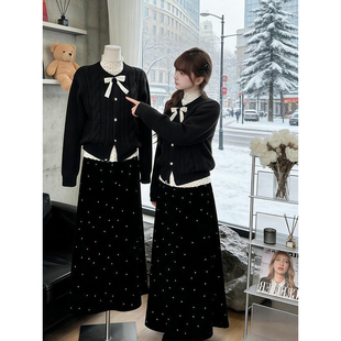 打底上衣三件套装 韩系温柔千金高级感黑色针织毛衣 波点半身长裙