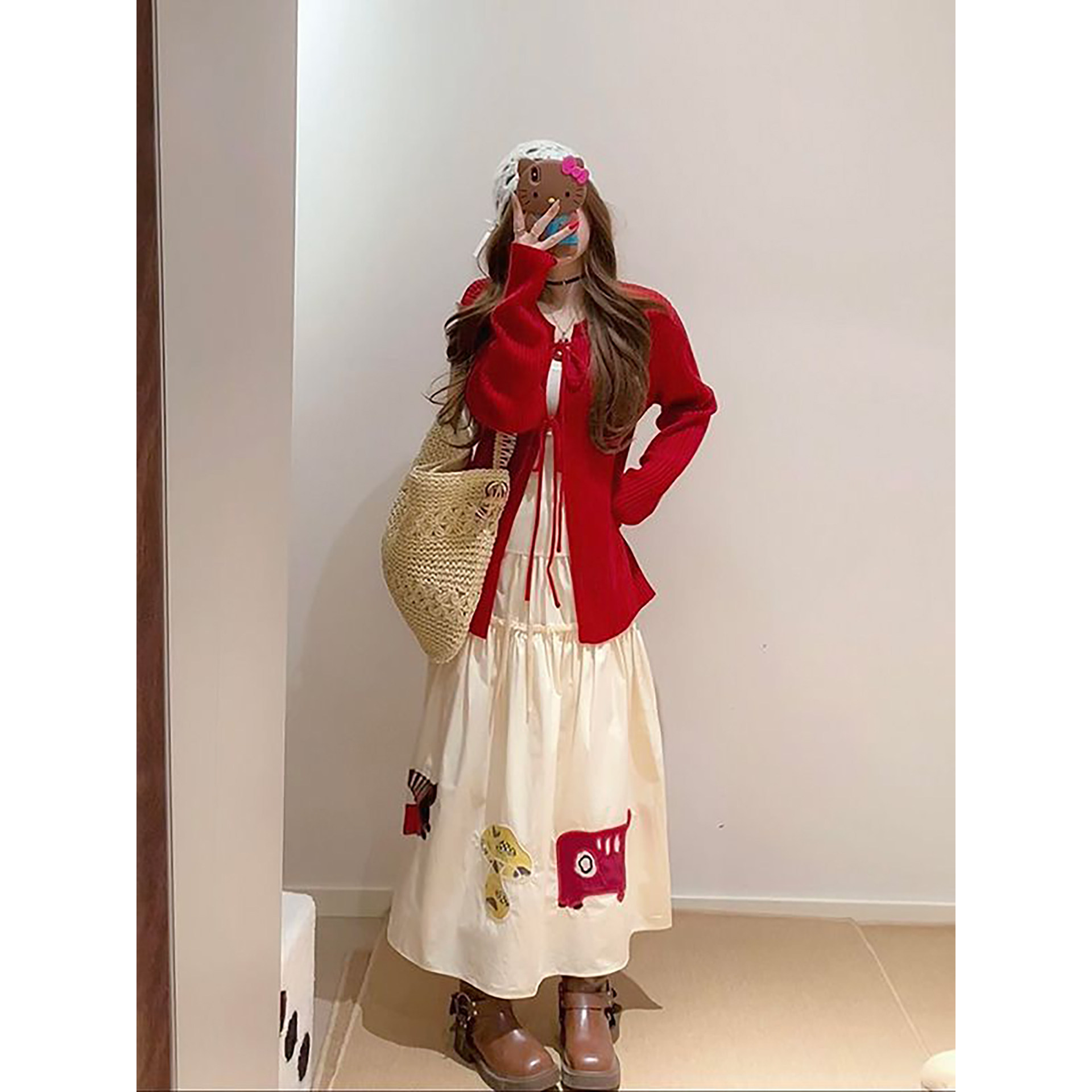 法式时尚温柔风红色绑带系带针织开衫搭配贴布半身中长裙两件套装