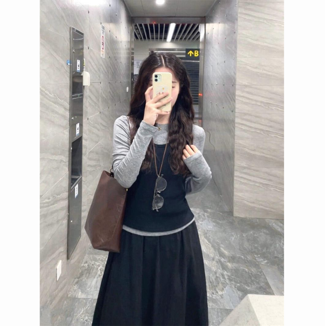 吊带马甲+打底上衣衫+高腰半身裙