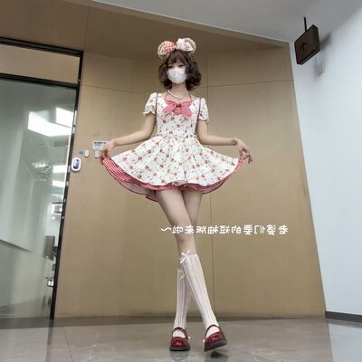 少女格纹假两件碎花连衣裙